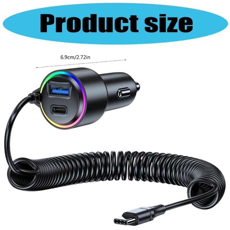 Universal 75W Car Fast Charging with build  In Spring Cable Three  Port  Mobile Phone Charger for Efficient Power Delivery