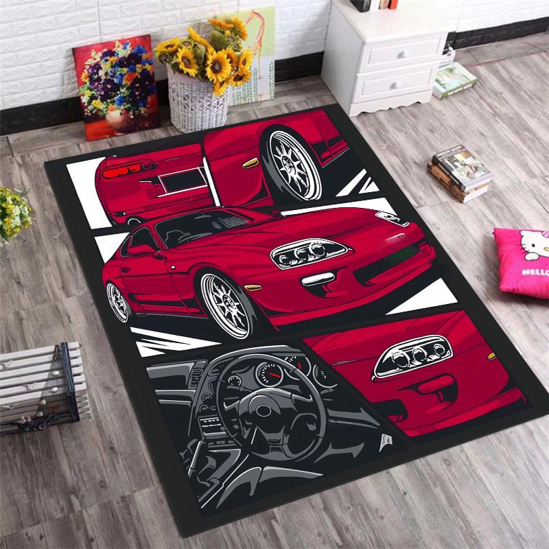 Red JDM Sports Car Comic Panel Print Area Rug Non‑Slip Rectangular Floor Mat Tuning Auto Decor for Gaming Bedroom Living Room