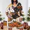 Women Plus Size V Neck Long Sleeve White Printed Straight Dress Cute Witch Raccoon Pumpkin Pattern