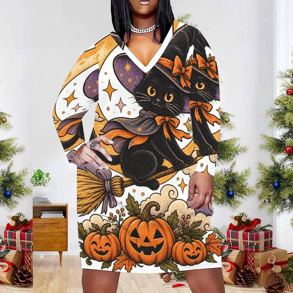 Women Plus Size V Neck Long Sleeve White Printed Straight Dress Cute Witch Raccoon Pumpkin Pattern