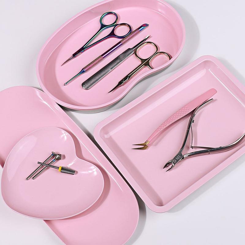 Pink Stainless Steel Nail Tool Rhinestone Storage Display Cosmetic Jewelry Tray Plate Doctor Surgical Desktop Storage