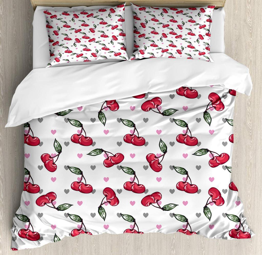 Comforter Pink Cherry Queen Size Cute Cartoon Fruit Comforter With Girl Kid Woman Breathable Bedding Set