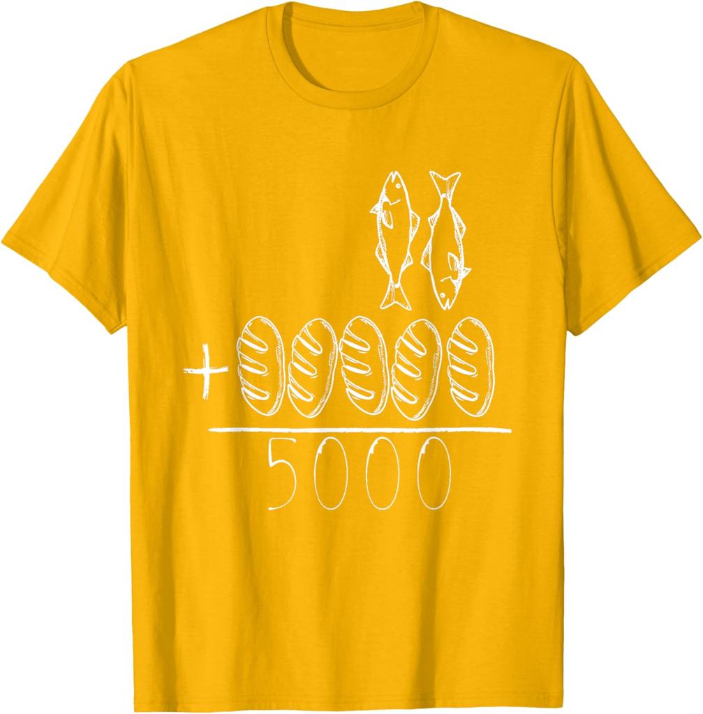 Die Speisung der 5000 Wunder Fisch Brot Jesus Christliche Bibelvers Grafik T-Shirt Herren Freizeit Kurzarm