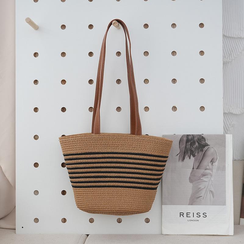 Summer Seaside Vacation Straw Bag Women's Bag Woven Bag New Striped Commuter Shoulder Tote Bag Large Capacity
