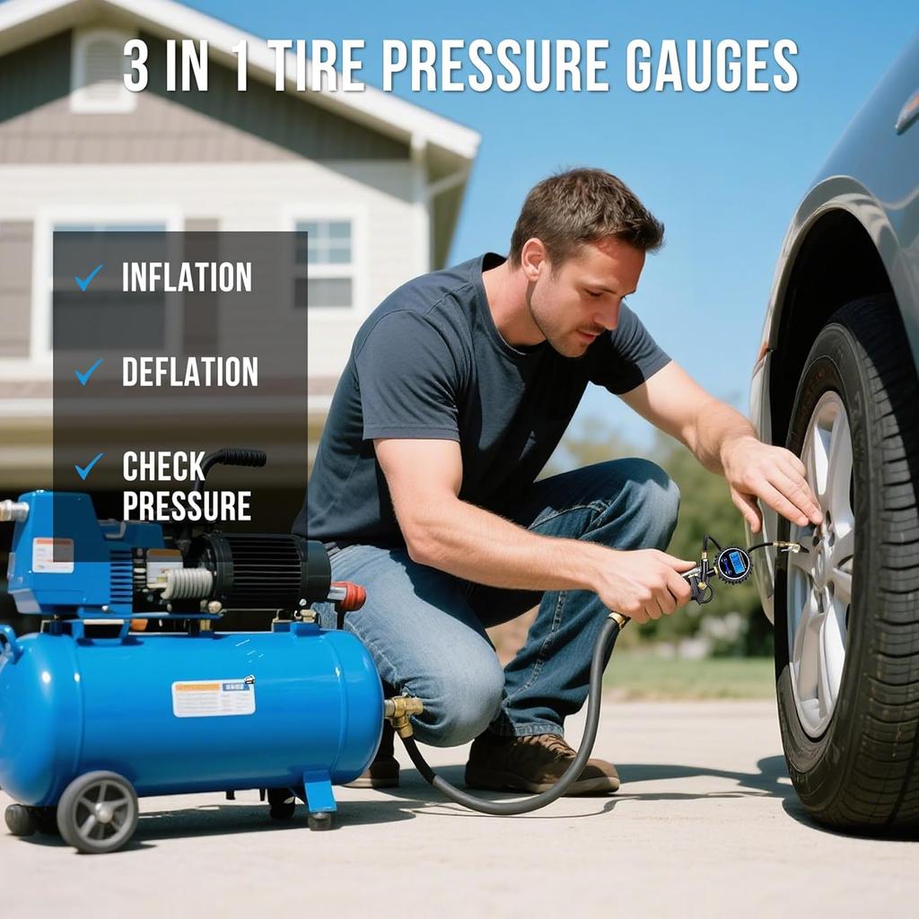 Digital Tire Pressure Gauge with Inflator, Air Compressor Accessories with Air Chuck Quick Connect Coupler, Car Attachments with Rubber Hose for Car,