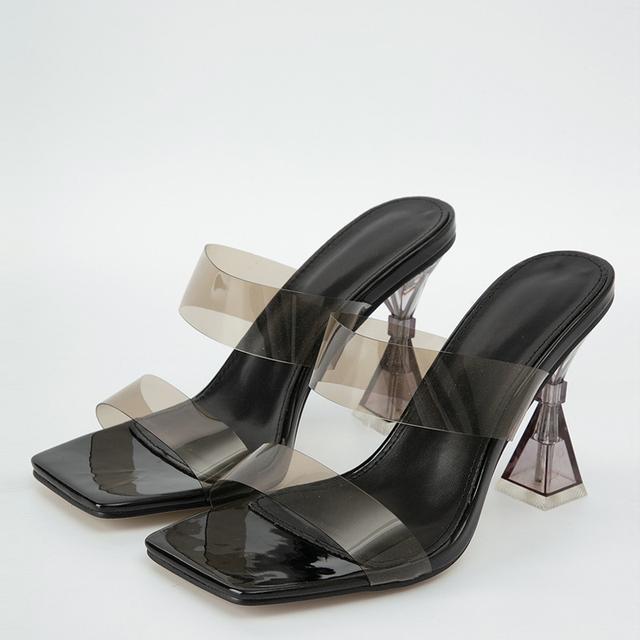 Liyke Summer 9 .5 Cm Clear Heels For Women Sliders Shoes Fashion Square Toe Pvc Transparent Slippers Ladies Sandals Pumps Size 42