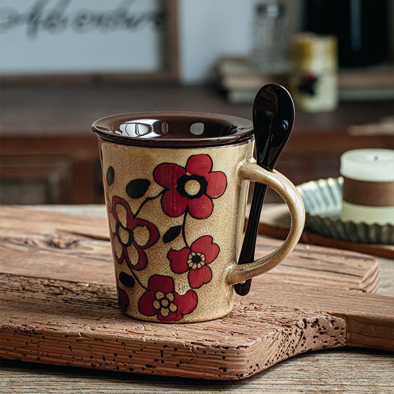 Original Design Coffee Cup Hand-Painted National Style Ceramic With Lid Spoon High Value Red Cup Birthday Gift