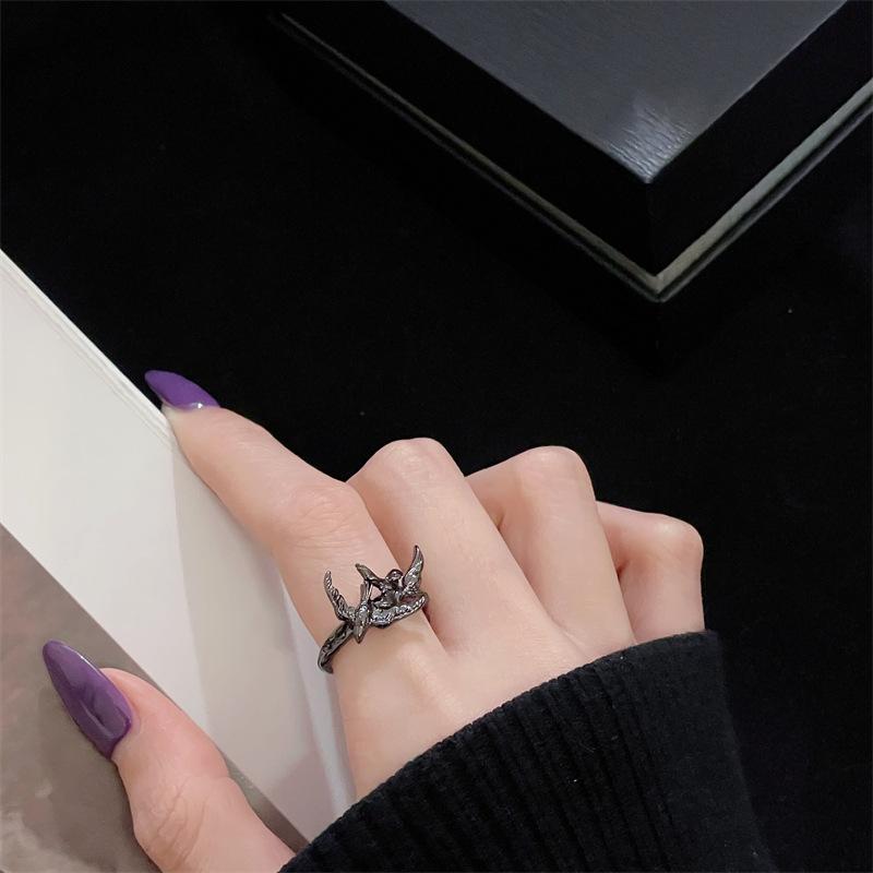 Dark Gothic Personality Raven Diamond Open Ring Personality Demon Wings Sweet Cool Love Thorns Accessories Female