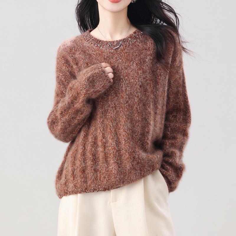 Women's 5% Cashmere, 95% Wool Ribbed Sweater - Thick, Brushed, Long Sleeve, Versatile Round Neck for Autumn and Winter.