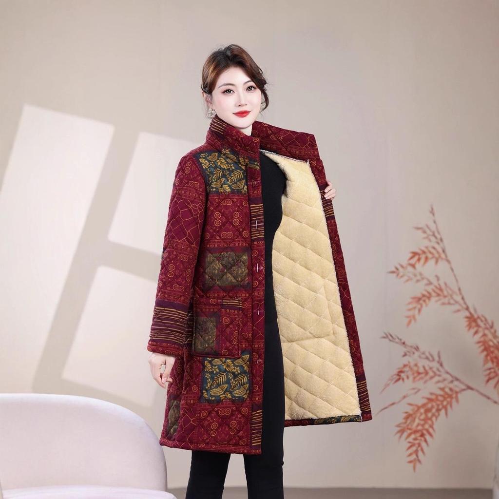 Floral Mid-Length Winter Cotton Jacket for Middle-Aged and Elderly Women - Warm and Stylish Outerwear.