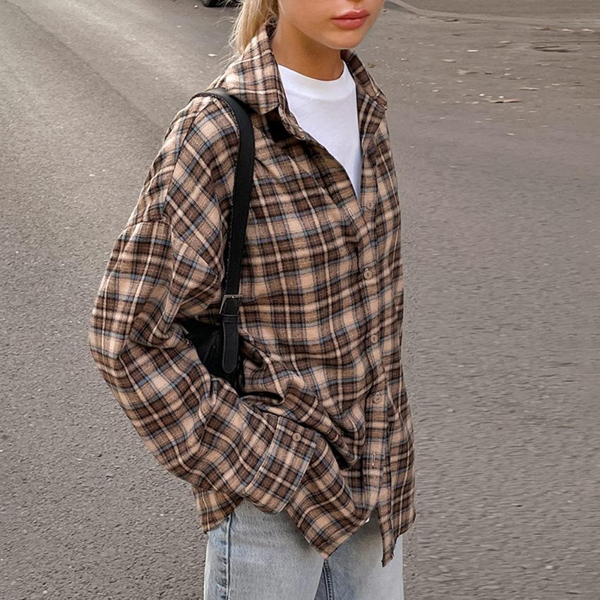 Amerykańska retro uliczna brązowa koszula w kratę damska warstwowy design damska koszula z długim rękawem oversize top