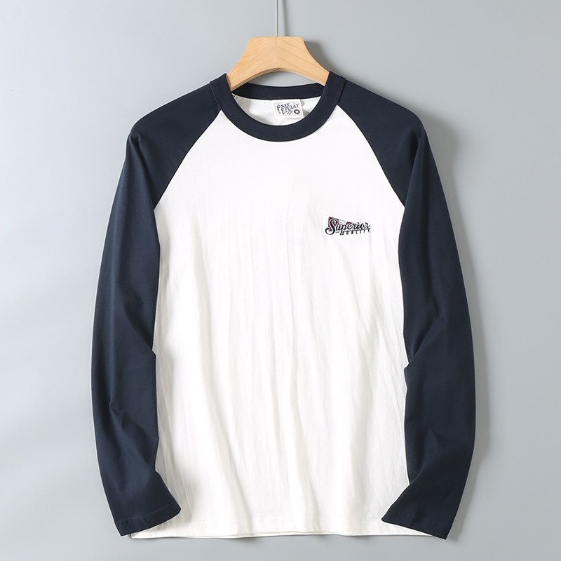 Vintage Patchwork Color-Blocking Pure Cotton T-Shirt for Men, Autumn Season, Letter Embroidery, Casual Base Shirt, Trendy