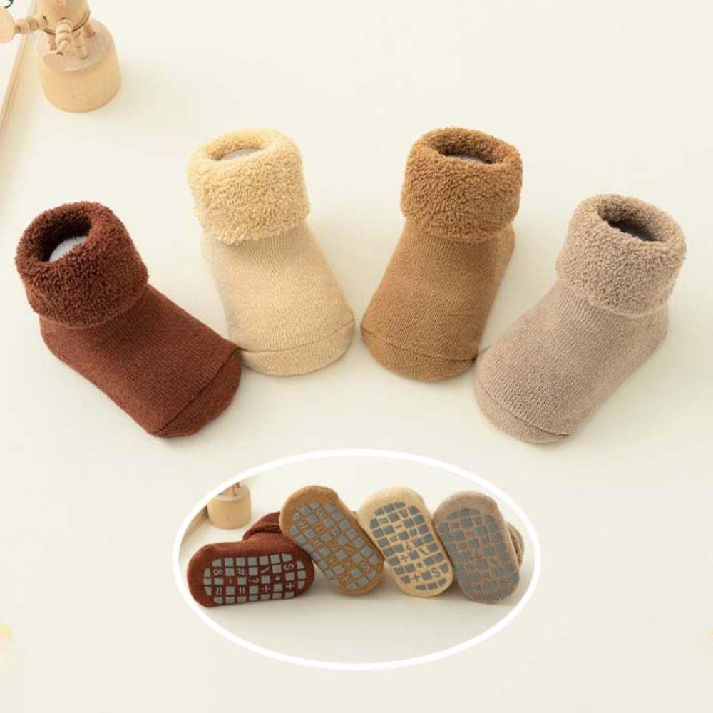 4Pairs Solid Color Thicken Baby Socks Anti-slip Home Sleep Socks  Autumn&Winter