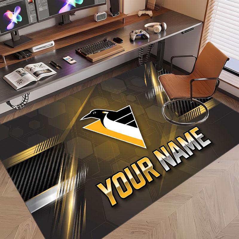 Custom Rug Pittsburgh Penguins Pattern Print Name Text Soft Non‑Slip Floor Carpet for Home Indoor Decoration