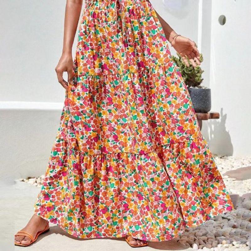 

Bohemia Plus Size Women s Chubby Girl Fashion Floral A- line Sweet Elastic High Waist Long Skirt Beach Dress Flower color M