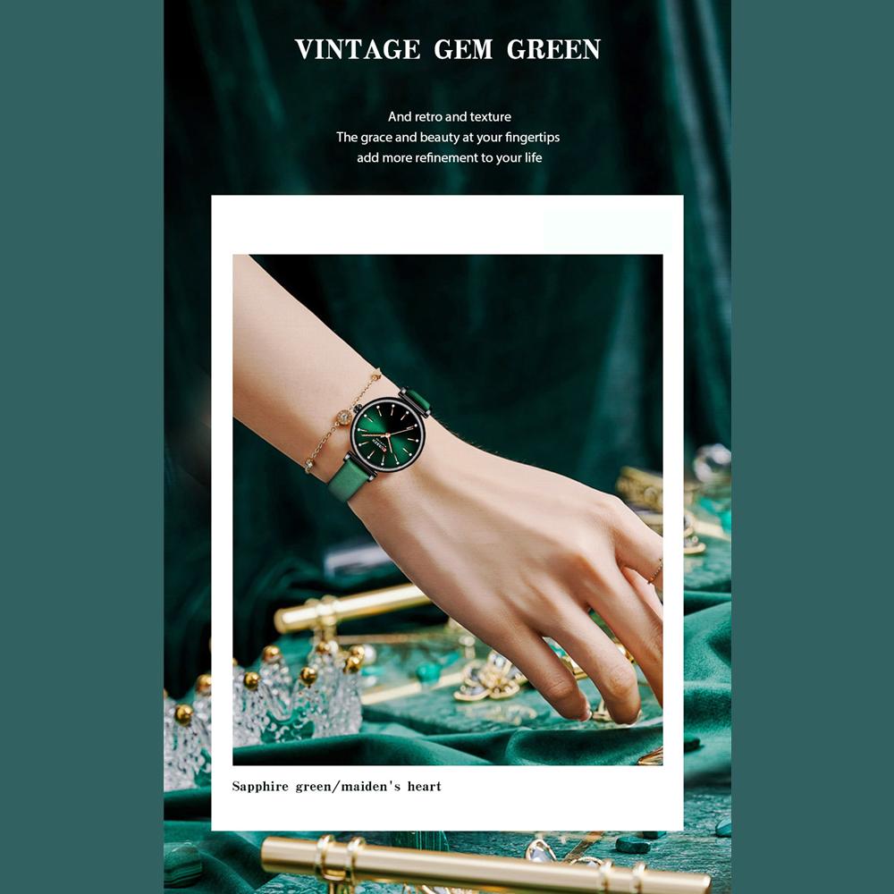 CURREN Dámské hodinky Nové TOP značkové luxusní Quartz náramkové hodinky s koženým ciferníkem s lesklými kamínky Zelené hodiny Dámské