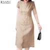 ZANZEA Damen Sommer Rundhals Kurzarm Casual Streifen Kleid