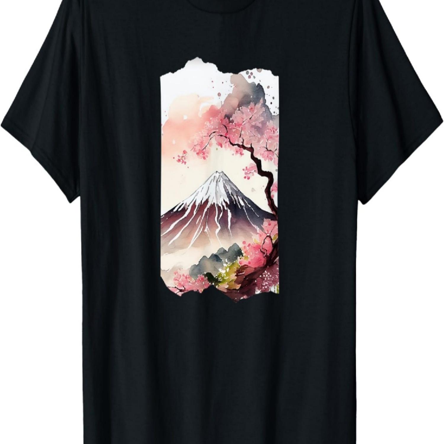 Mount Fuji Cherry Blossoms Japan Watercolor T-Shirt S