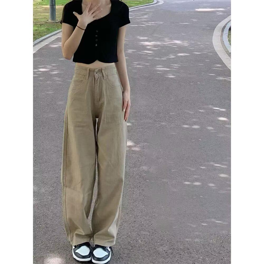 

Женские джинсы цвета хаки с высокой посадкой и прямыми штанинами - Летние брюки широкие от бедра, для фигуры груша , стройнящие S хаки