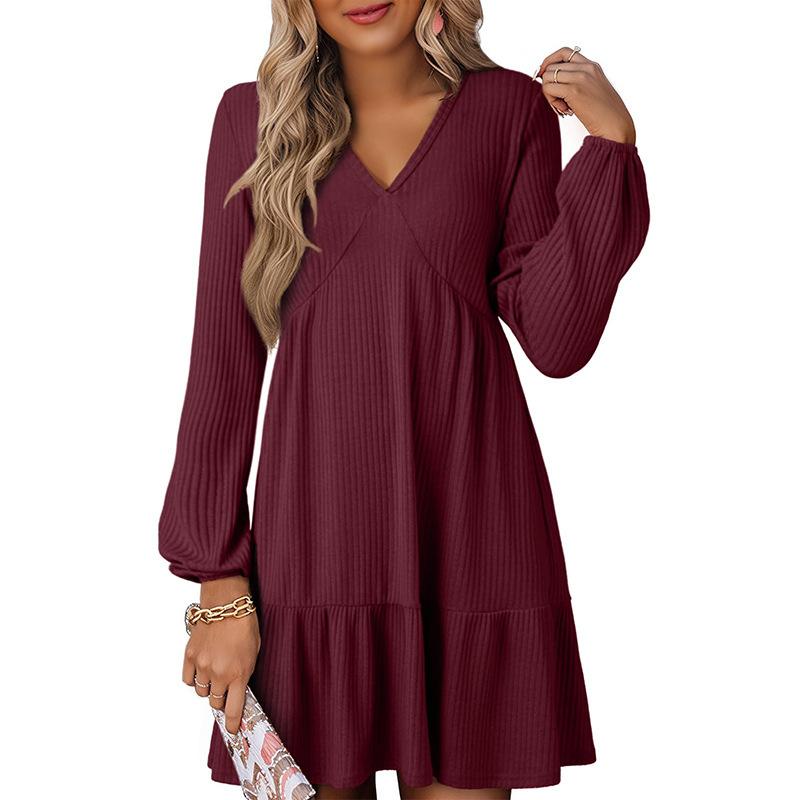 V-neck spring and autumn design sense fashion casual dress women's long-sleeved niche elegant line dress