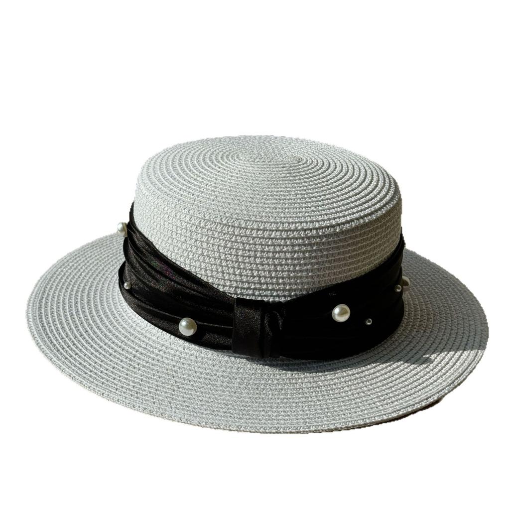 Vintage French-Style British Pearl Flat-Top Hat for Women, Spring and Summer Travel Sun Protection Straw Hat, Versatile and Elegant