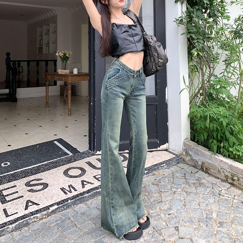 

Small Sexy Low Waist Design Slightly Pull Denim Women s Summer 2025 New Arrival Silm Slim Looking Frayed Flared Pants Retro Blue pants 155-165 XL