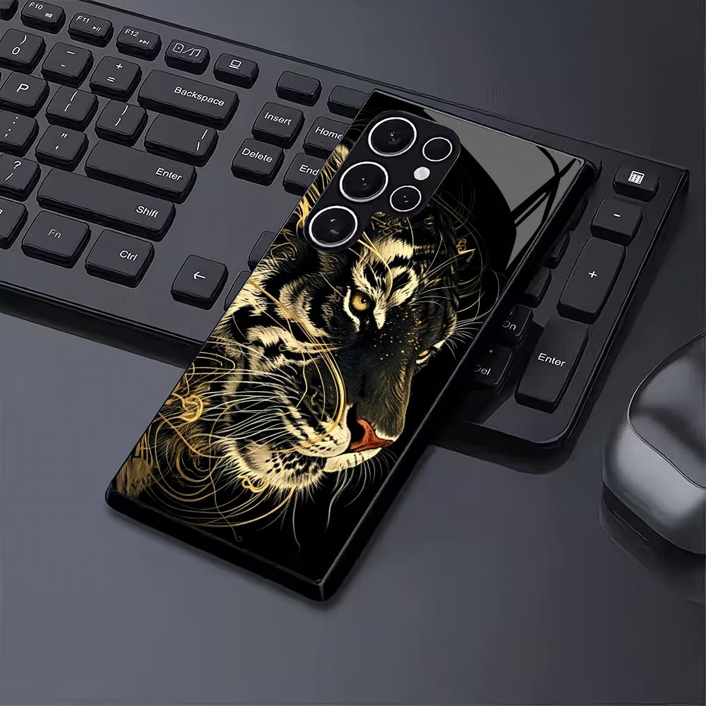 Custodia in Vetro Temperato Tigre Dorata per Telefono Adatta per Samsung Galaxy S26 S25 S24 S23 S22 S20 FE/Ultra/Plus Copertura Posteriore Antiurto