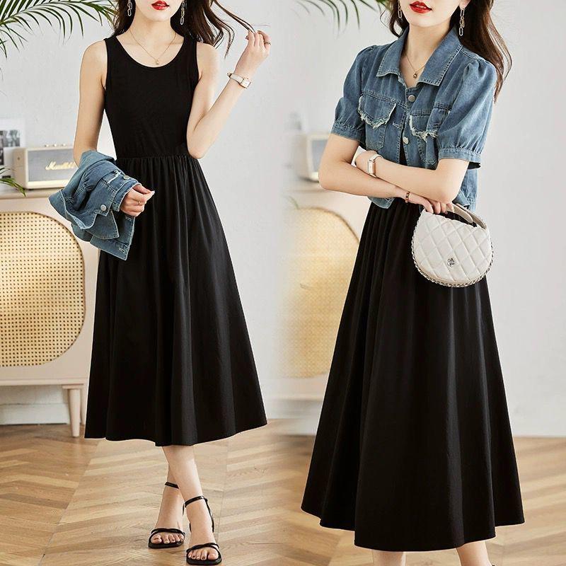 2026 Summer Retro Denim Dress & Vest Set: Casual Short-Sleeved Two-Piece Fashion