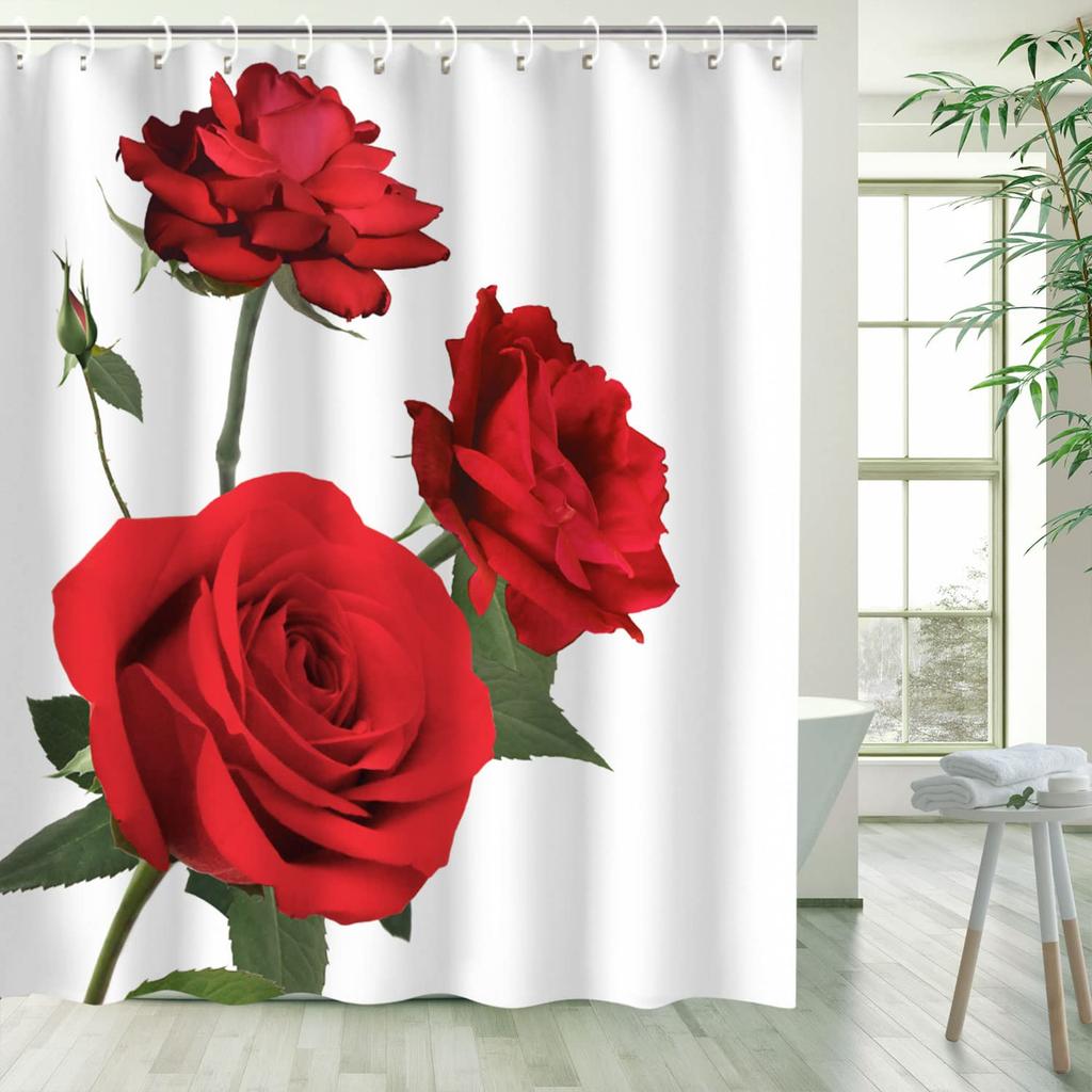 Red Rose Shower Curtain Botanical Floral Romantic Flower Valentine Girls Bathroom Curtain Decor Waterproof Fabric Include Hooks