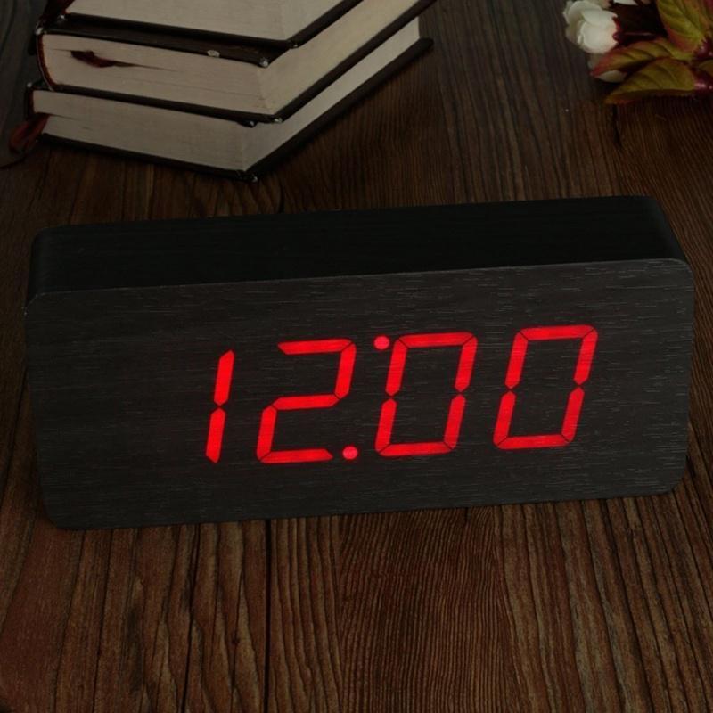 LED Wooden Alarm Clock Time Thermometer Snooze Voice Control Digital Table Clock