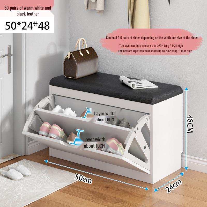 Shoe Storage Bench with Flip-Top Cabinet and Integrated Stool for Entryway