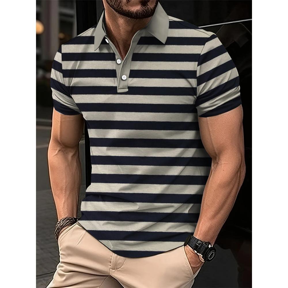 Summer Men's Polo Shirt with Stripes Print Breathable Lightweight Casual Fashionable Outdoor Men's Clothing