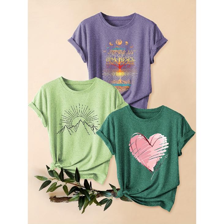 2026 3 Pack Vintage Print Round Neck Women Short Sleeve T Shirts Polyester Knit Casual Sports Daily Tops