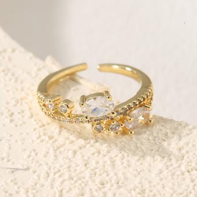 Golden Plated Open Adjustable Ring with Multi-Cut Synthetic Zircon for Women Elegant Statement Jewelry Gift