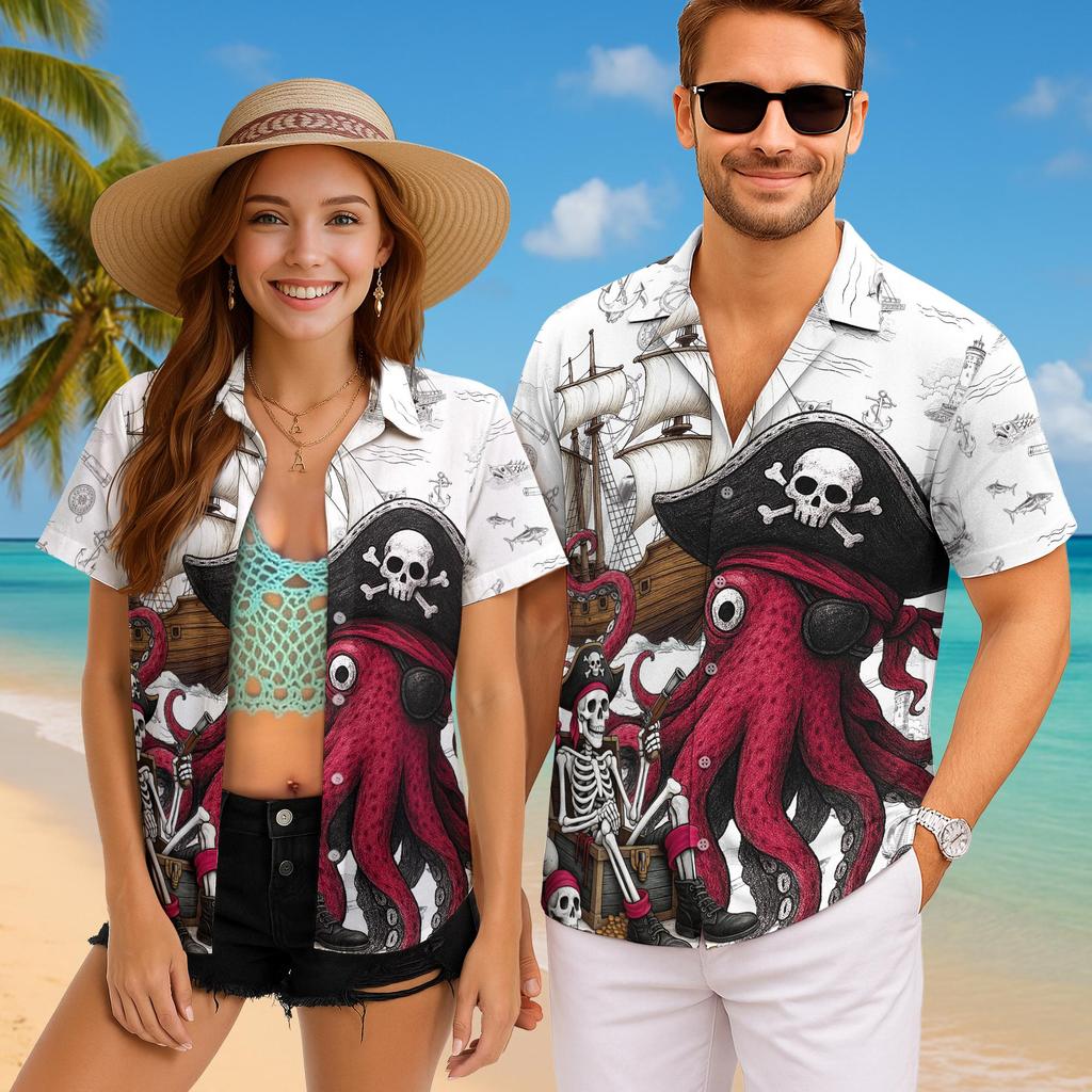 Camicia da Spiaggia Hawaiana Moda Uomo Stampa Teschio Pirata Camicia Retro Casual Abbigliamento da Strada Estiva Uomo Unisex Top a Manica Corta