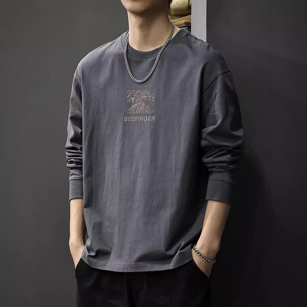 Autumn American Retro Printed Long-Sleeved T-Shirt Men'S Loose Large Size Heavy Cotton Bottoming Shirt Crew Neck Sweater