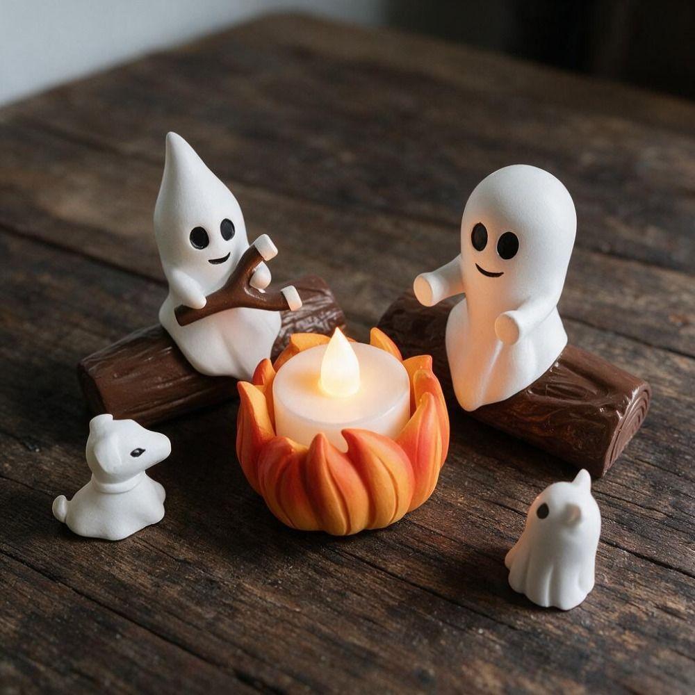 5PCS Resin Halloween Ghost Campfire Dog Cat Statue Cartoon LED Candle Ghost Campfire Gathering Night Light Mini 3D
