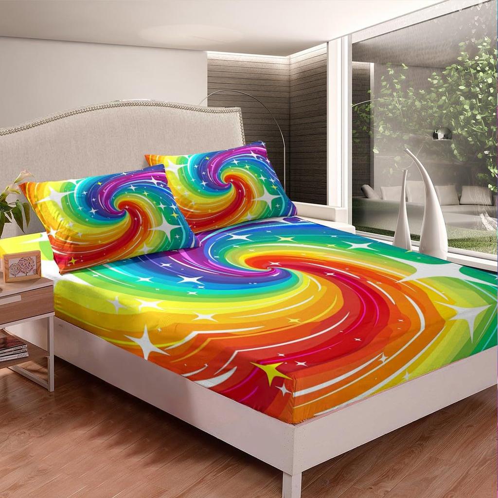 Color Mattress Three-Piece Digital Printing Couple Rainbow Bedspread Modern Cute Bedding Set