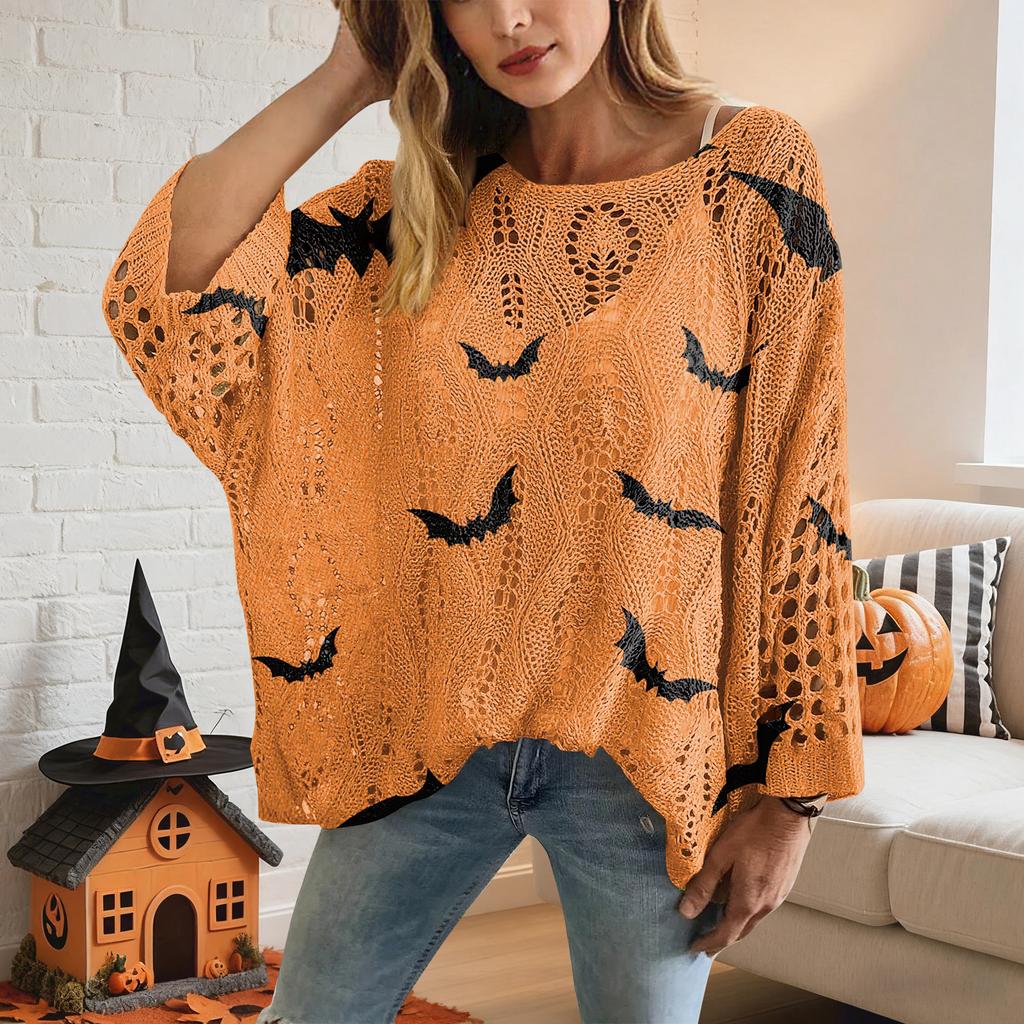 Halloween Crochet Pumpkin Sweater Women, Oversized Pumpkin Knit Pullover,Witch Hat Cozy Fall Sweater
