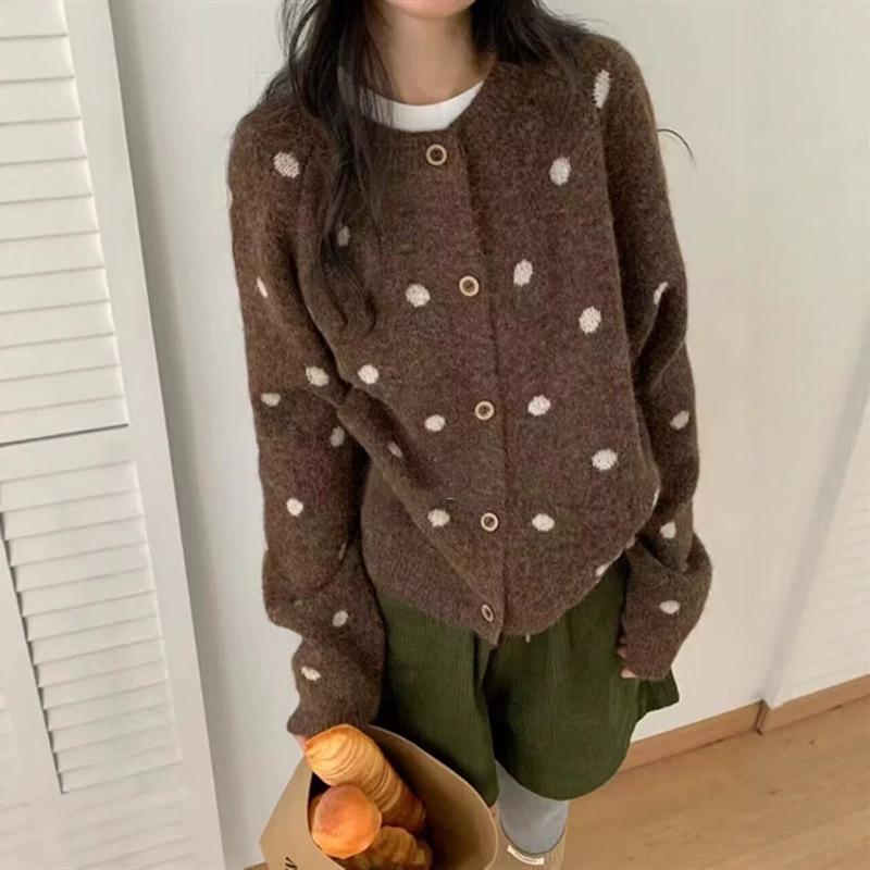 Korean Polka Dot Knit Cardigan: Women's Cozy Round Neck Sweater - 2025 Autumn/Winter Collection