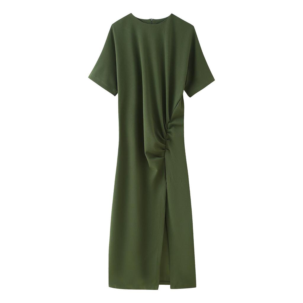 Spring 2025 Women's European & American Style Pleated Midi Dress - Short Sleeve, Round Neck