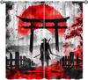 Japanese Anime Samurai Curtains Watercolor Ink Samurai Red Sun Shrine Mount Fuji Blackout Window Treatment Living Room Bedroom