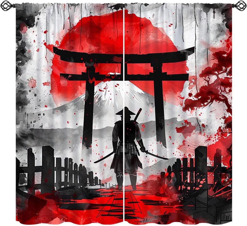 Japanese Anime Samurai Curtains Watercolor Ink Samurai Red Sun Shrine Mount Fuji Blackout Window Treatment Living Room Bedroom