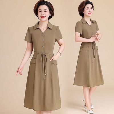 Elegante Vestito Midi Monocolore per Donne di Mezza Età Slim Fit Vestito Estivo Viscosa Manica Corta Cravatta in Vita