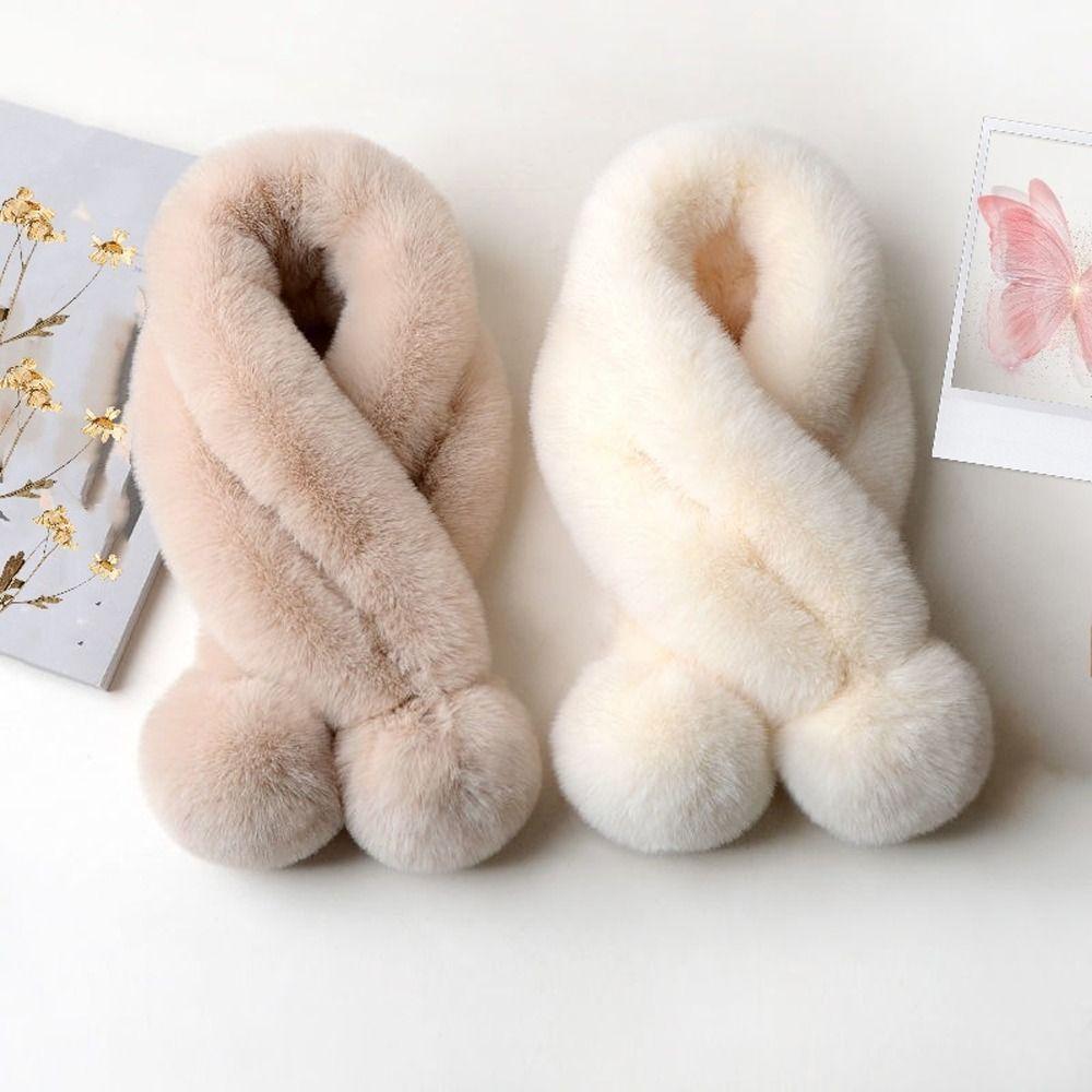 Fluffy Pompoms Warm Cross Scarf Plush Neck Warmer Fashion Neckerchief Wrap For Women Girls