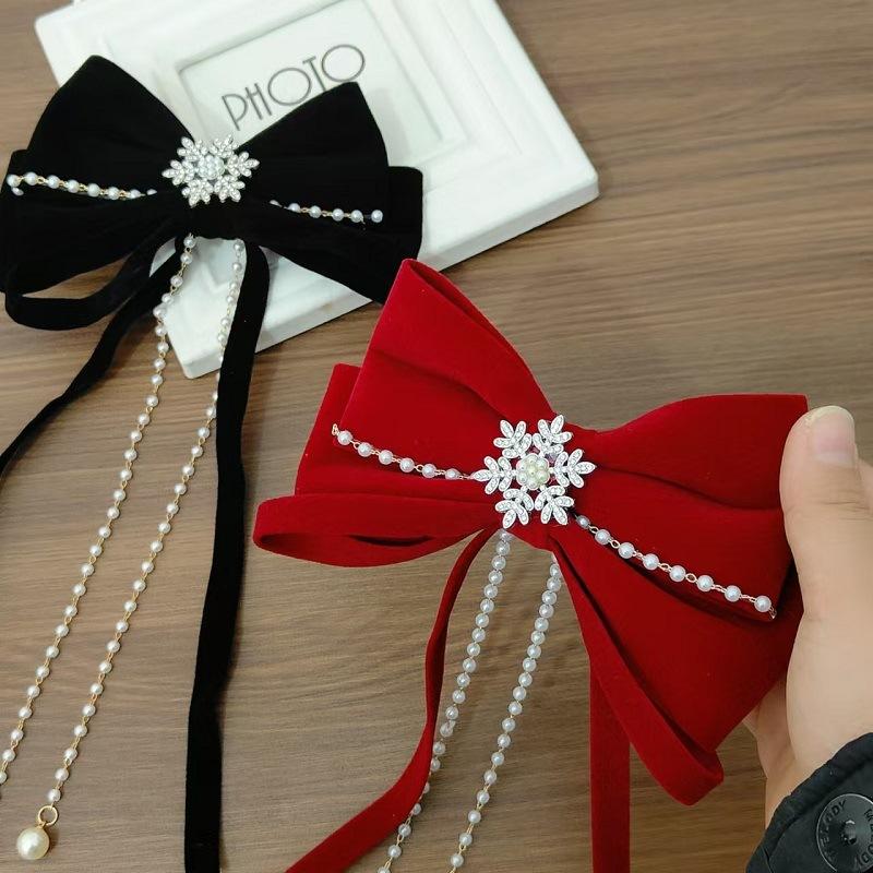 1pc Elegant And Gorgeous Snowflake Bow Imitation Pearl Rhinestone Tassel Women's Hair Clip Wedding Party New Year Hair Accessories Christmas Gift