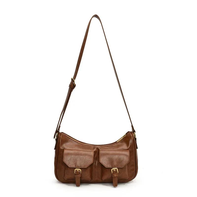 Retro style women's crossbody bag with zipper  monochromatic PU  large capacity  casual shoulder bags  stitching line