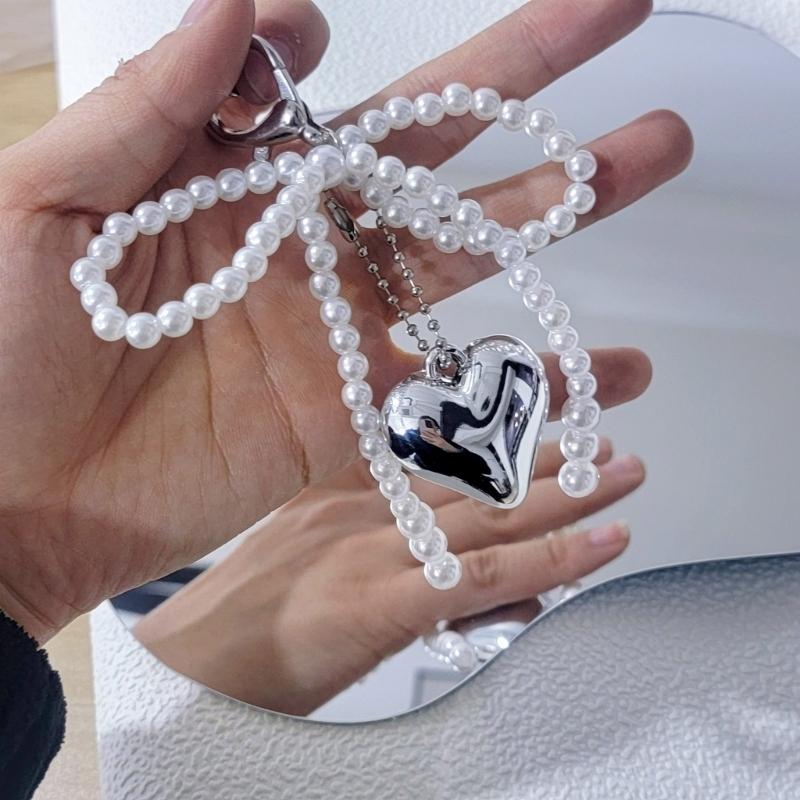Chic Imitation Pearl Keychain Handmade Bow Shaped Keyring Heart Pendant Keyrings