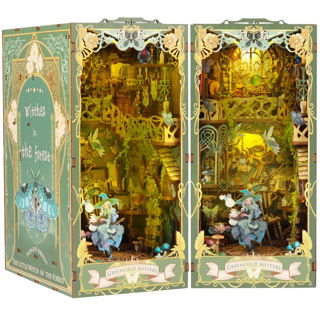 Kit de coin de livre DIY Puzzle 3D en bois Décor d'insertion d'étagère avec lumière LED à capteur Kit de modèle de maison de poupée miniature DIY pour enfants Adultes