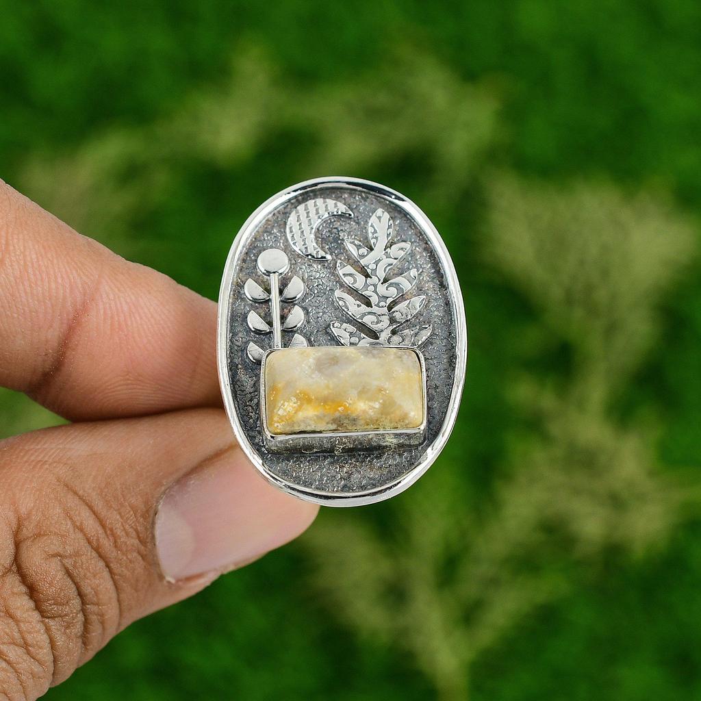 Wedding Gift For Her 925 Silver Natural Fossil Coral Promise Adjustable Ring